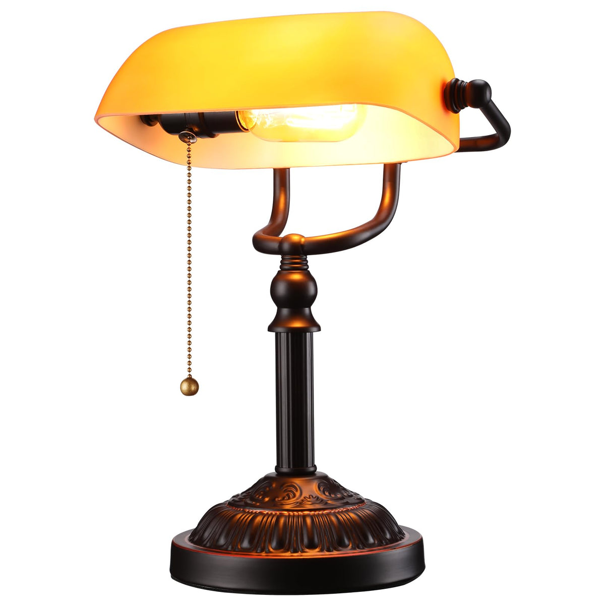TORCHSTAR Amber Glass Bankers Desk Lamp with Pull Chain, E26 Base