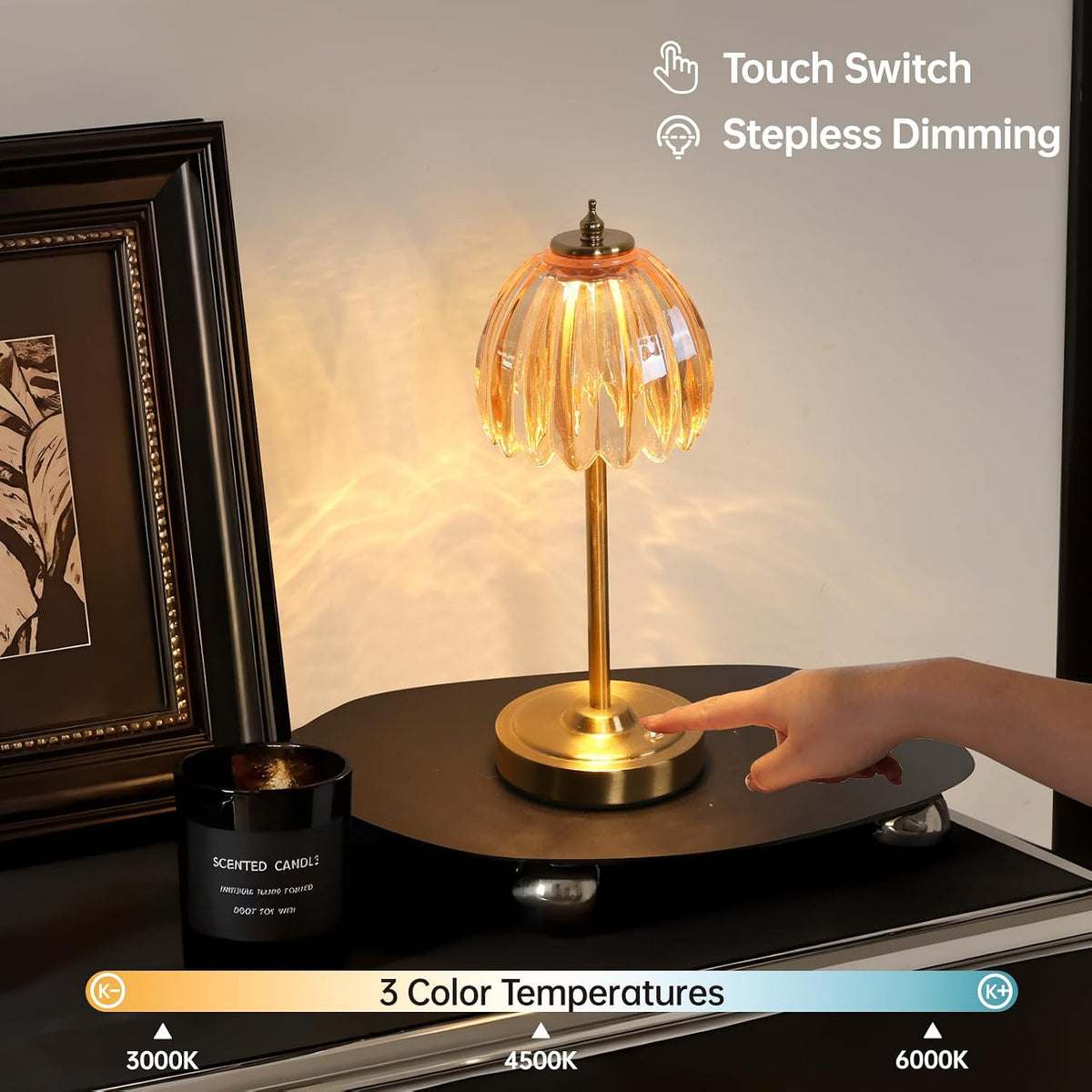 Shenmoyl Tulip Table Lamp with 5000mAh Battery & Touch Control, Cordless Table Lamp with 3 Colors, Dimmable Rechargeable Table Lamps for Bedroom, Nightstands, Living Room, Entryways (Amber Tulip)