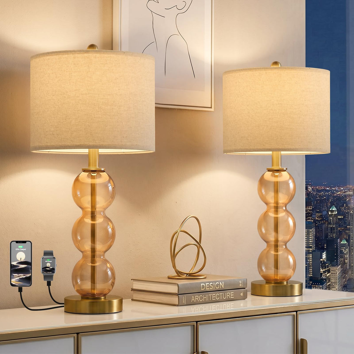 Oneach 25" Amber Glass Table Lamps for Living Room, Glass Modern Table Lamp Set of 2, USB Charging Ports, Linen Shade, Bedside Lamps for Bedroom, Nightstand, Side Table (Bulbs not Included)
