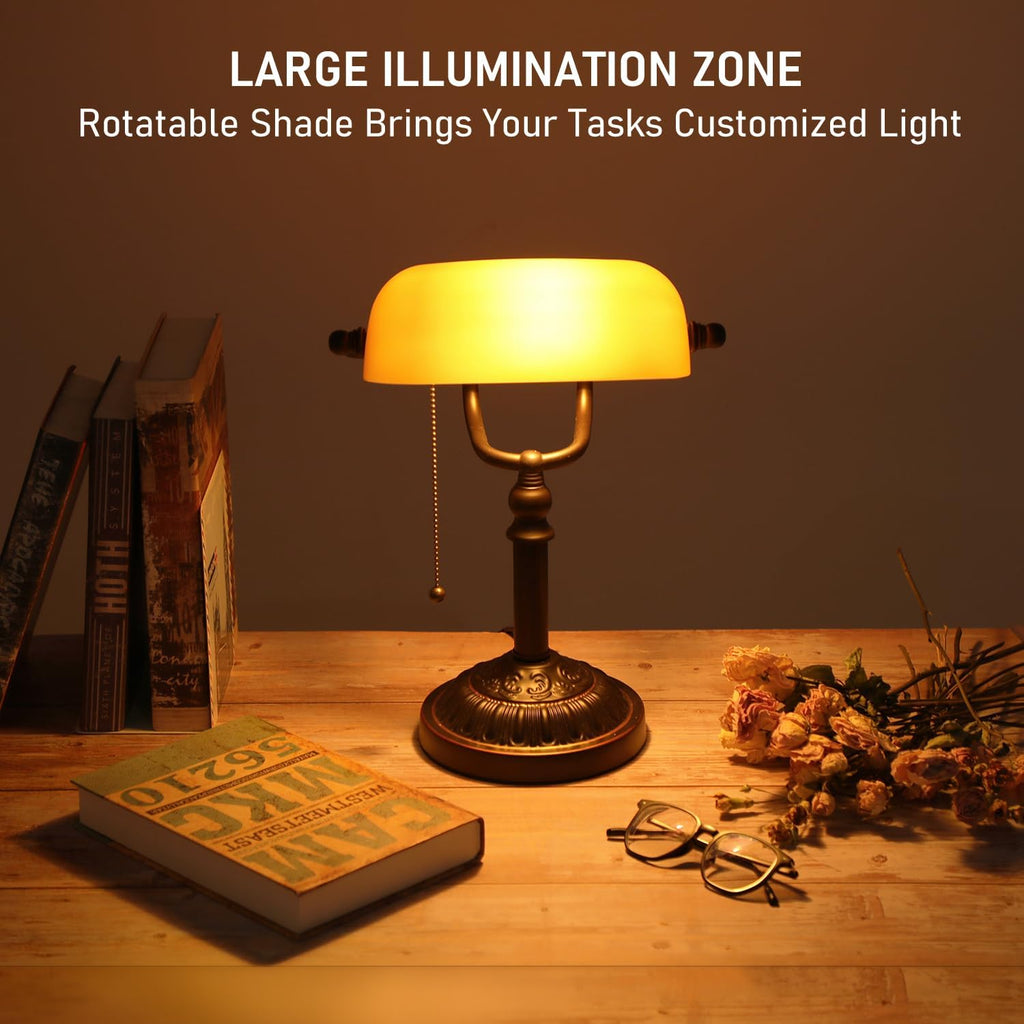 TORCHSTAR Amber Glass Bankers Desk Lamp with Pull Chain, E26 Base