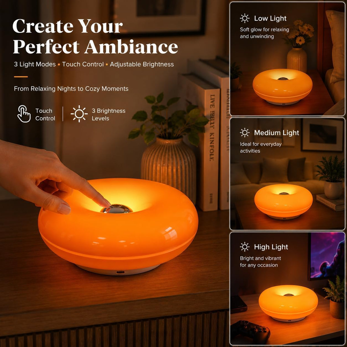 Orange Donut Lamp, Cordless Rechargeable Table & Wall Light, Touch Dimmable