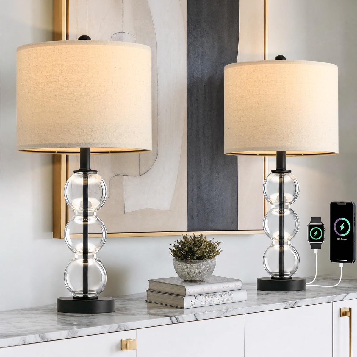 Oneach 25" Amber Glass Table Lamps for Living Room, Glass Modern Table Lamp Set of 2, USB Charging Ports, Linen Shade, Bedside Lamps for Bedroom, Nightstand, Side Table (Bulbs not Included)