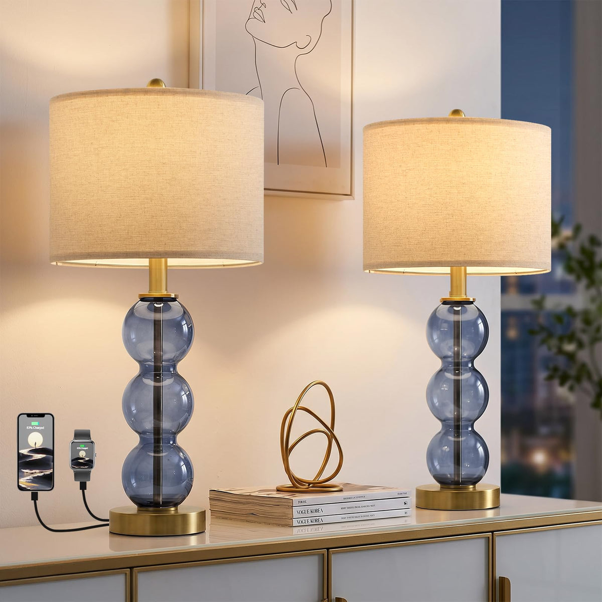 Oneach 25" Amber Glass Table Lamps for Living Room, Glass Modern Table Lamp Set of 2, USB Charging Ports, Linen Shade, Bedside Lamps for Bedroom, Nightstand, Side Table (Bulbs not Included)