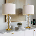 Oneach 25" Amber Glass Table Lamps for Living Room, Glass Modern Table Lamp Set of 2, USB Charging Ports, Linen Shade, Bedside Lamps for Bedroom, Nightstand, Side Table (Bulbs not Included)