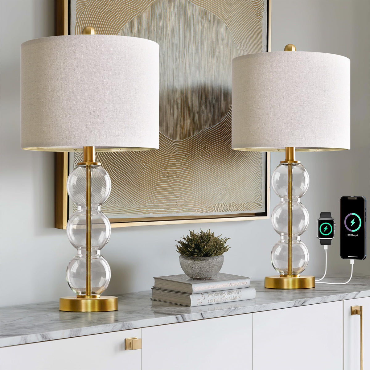 Oneach 25" Amber Glass Table Lamps for Living Room, Glass Modern Table Lamp Set of 2, USB Charging Ports, Linen Shade, Bedside Lamps for Bedroom, Nightstand, Side Table (Bulbs not Included)