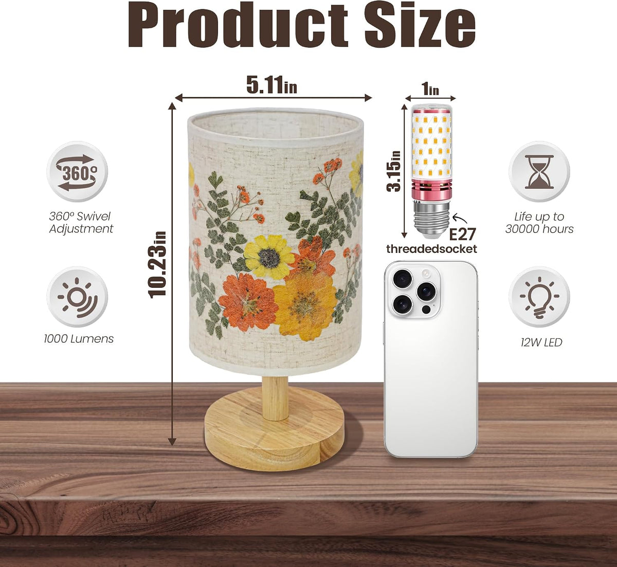 Artisan Crafted Floral Pressed Nightstand Lamp - Handmade Vintage Table Light with Adjustable Warm Glow for Bedroom, Office, or Living Room Decor (Yellow)