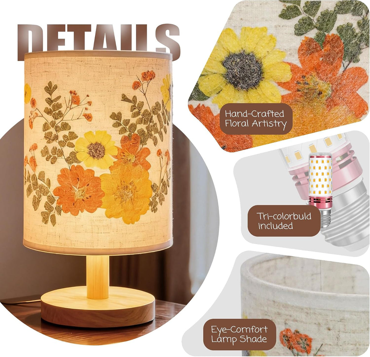 Artisan Crafted Floral Pressed Nightstand Lamp - Handmade Vintage Table Light with Adjustable Warm Glow for Bedroom, Office, or Living Room Decor (Yellow)