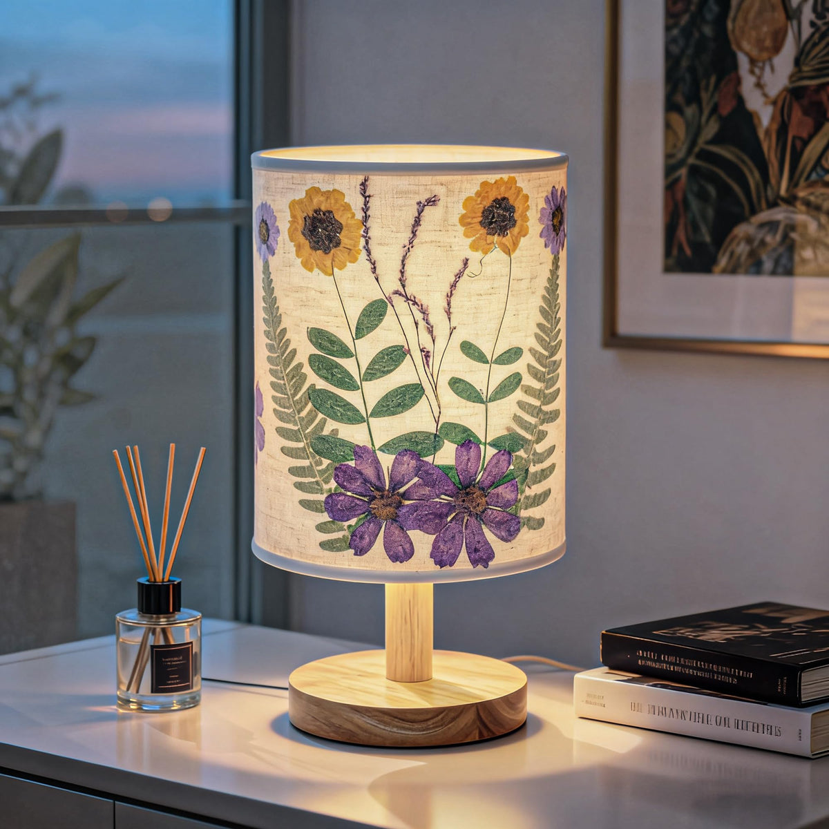 Artisan Crafted Floral Pressed Nightstand Lamp - Handmade Vintage Table Light with Adjustable Warm Glow for Bedroom, Office, or Living Room Decor (Yellow)