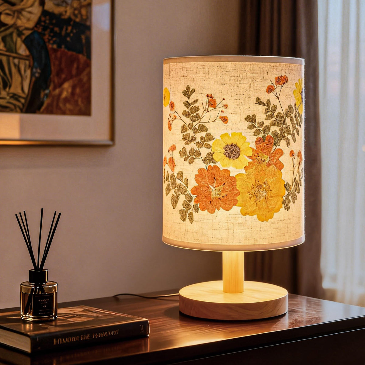 Artisan Crafted Floral Pressed Nightstand Lamp - Handmade Vintage Table Light with Adjustable Warm Glow for Bedroom, Office, or Living Room Decor (Yellow)