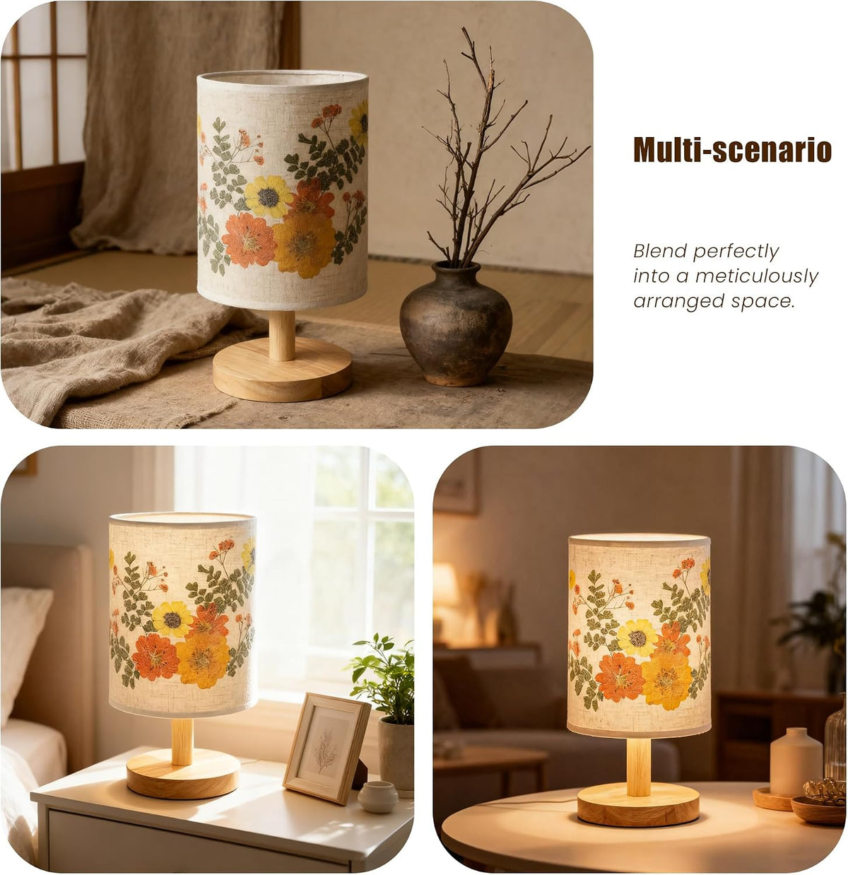 Artisan Crafted Floral Pressed Nightstand Lamp - Handmade Vintage Table Light with Adjustable Warm Glow for Bedroom, Office, or Living Room Decor (Yellow)